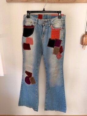 Lucky Brand Light Blue Flare Jeans with Multicolor Velvet Patchwork